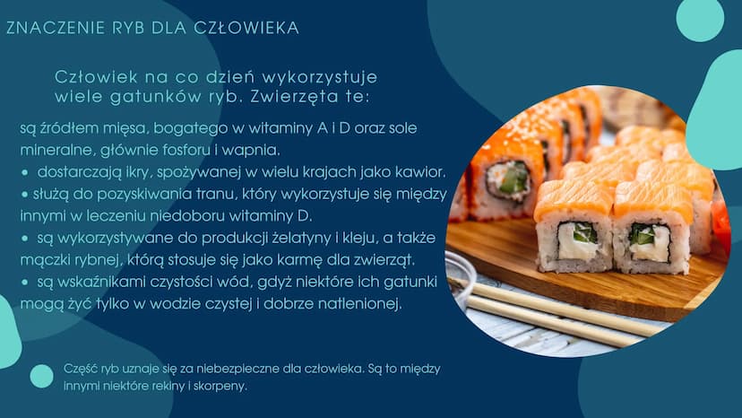 PRZEGLĄDI
ZNACZENIE RYB CZEGO DOWIEMY SIĘ Z TEJ
PREZENTACJI?
.Znaczenie ryb w przyrodzie
•Znaczenie ryb dla człowieka
•Zagrożenia i sposoby 