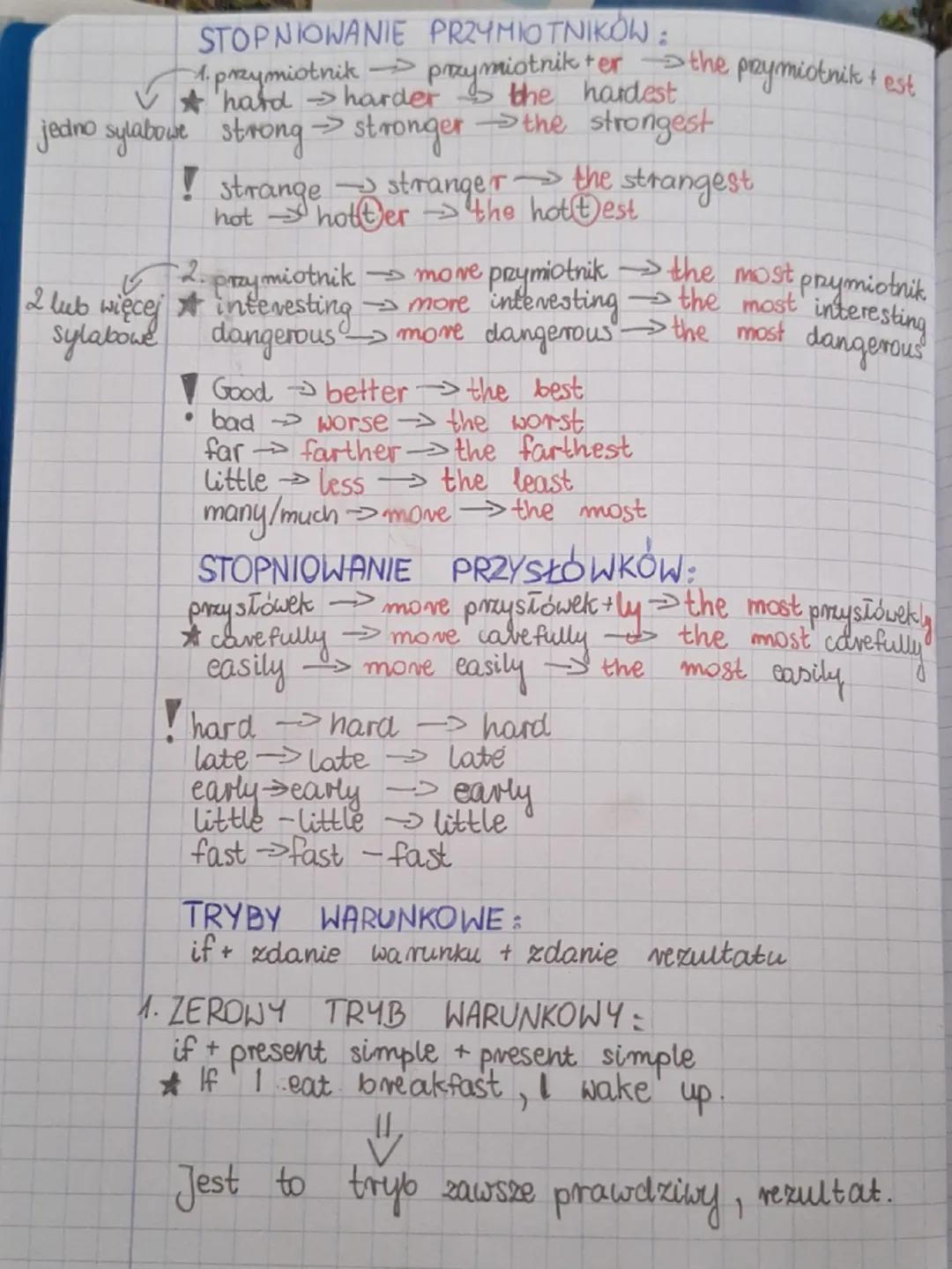 STOPNIOWANIE PRZYMIOTNIKÓW:
1. przymiotnik przymiotnik ter the przymiotnik + est
hard harder the hardest
jedno sylabowe strong→ stronger the