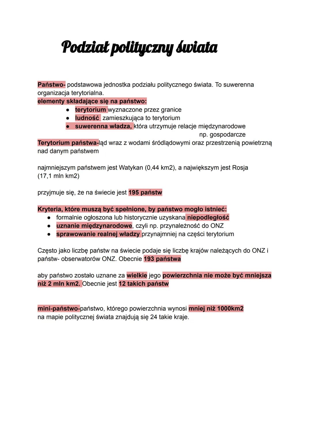 Podział polityczny świata
Państwo- podstawowa jednostka podziału politycznego świata. To suwerenna
organizacja terytorialna.
elementy składa