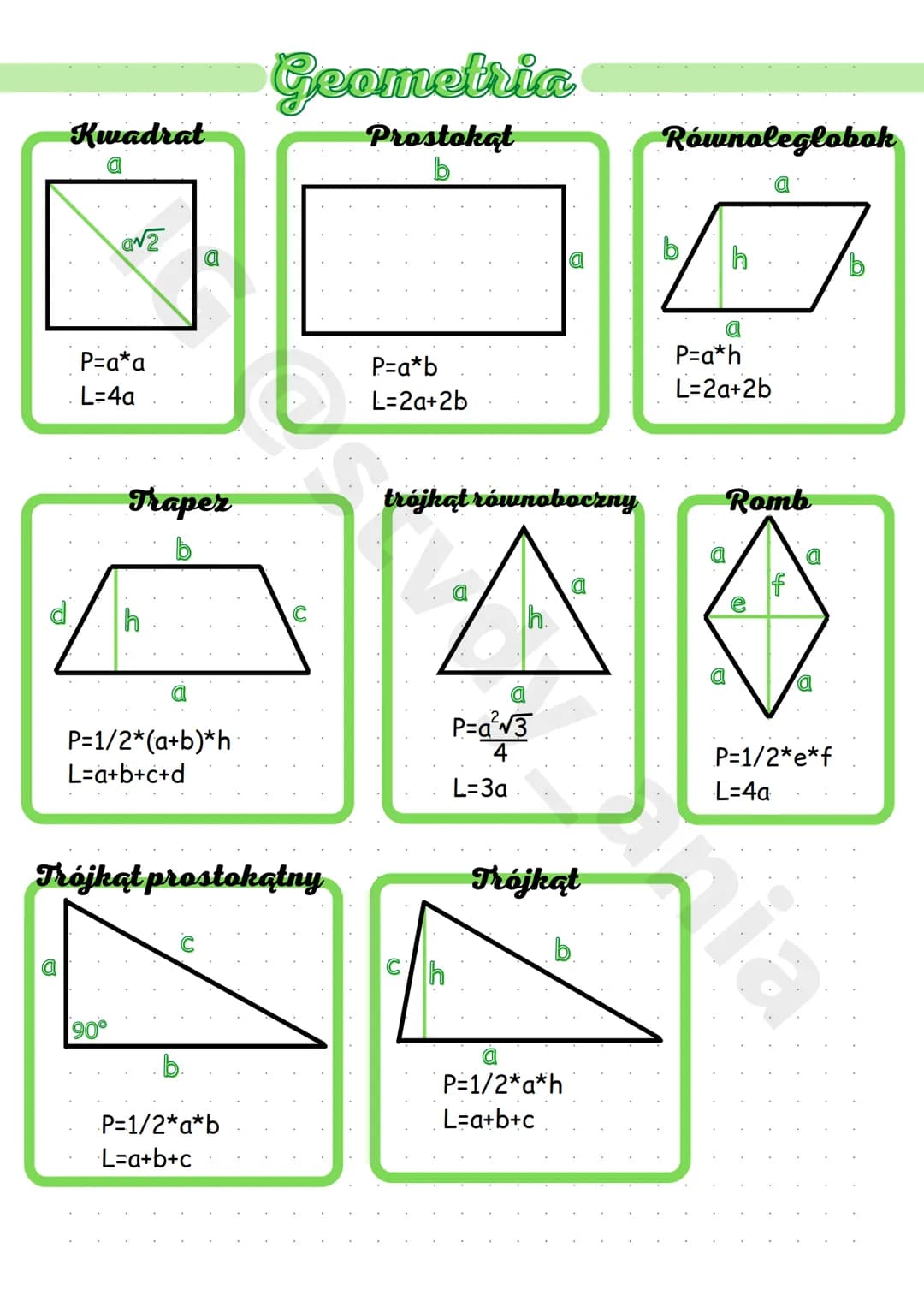 Kwadrat
a
G√2
P=a*a
L=4a
Traper
P=1/2*(a+b)*h
L=a+b+c+d
90°
Trójkąt prostokątny
Geometria
Prostokąt
b
P= 1/2*a*b
L=a+b+c
P=a*b
L=2a+2b
trójk