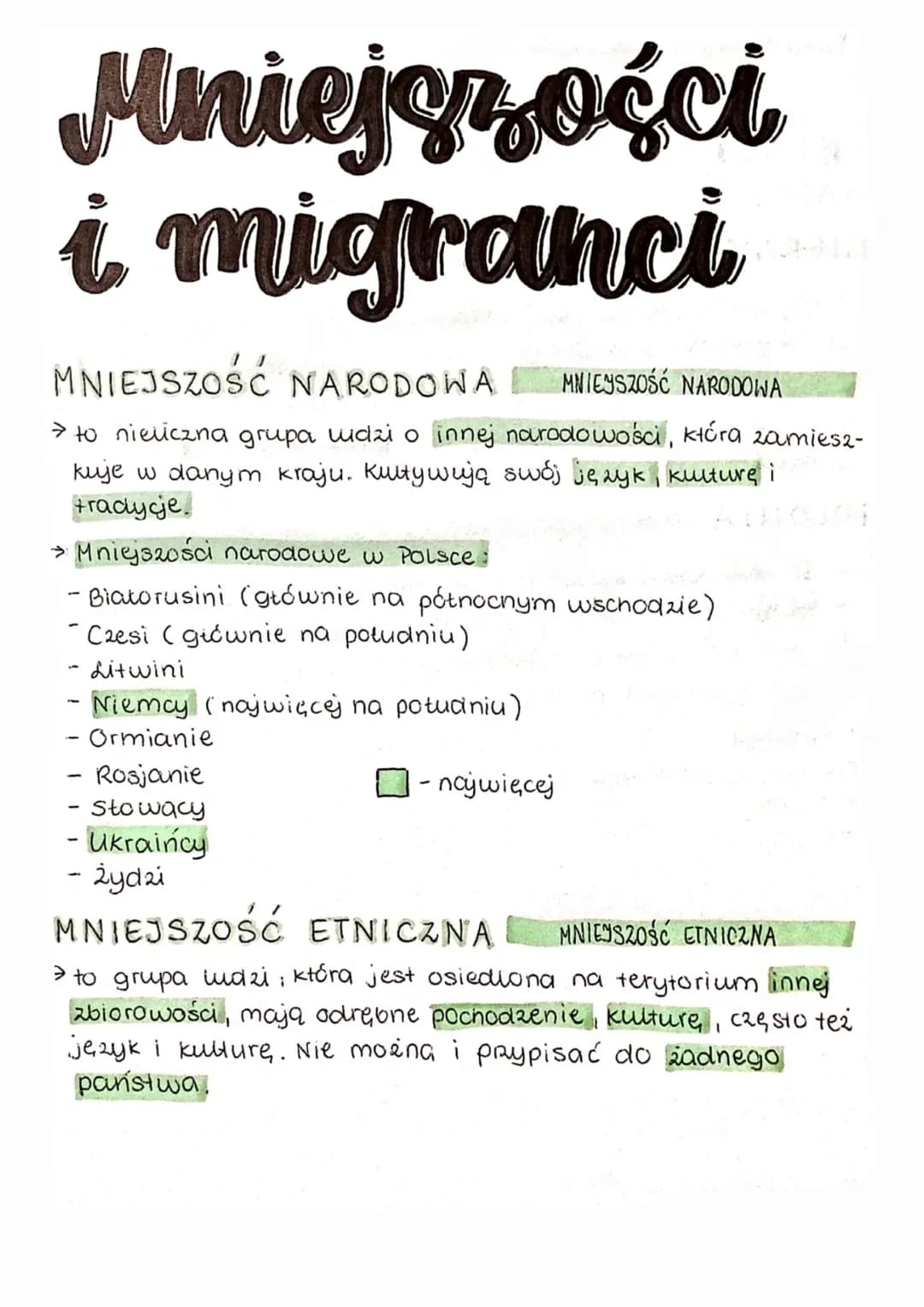 Mniejszości
i migranci
MNIEJSZOŚĆ NARODOWA MNIEJSZOŚĆ NARODOWA
→ to nieliczna grupa ludzi o innej narodowości, która zamiesz-
kuje w danym k