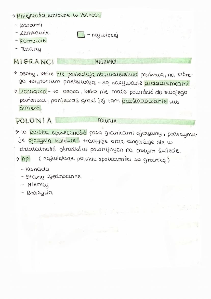Mniejszości
i migranci
MNIEJSZOŚĆ NARODOWA MNIEJSZOŚĆ NARODOWA
→ to nieliczna grupa ludzi o innej narodowości, która zamiesz-
kuje w danym k