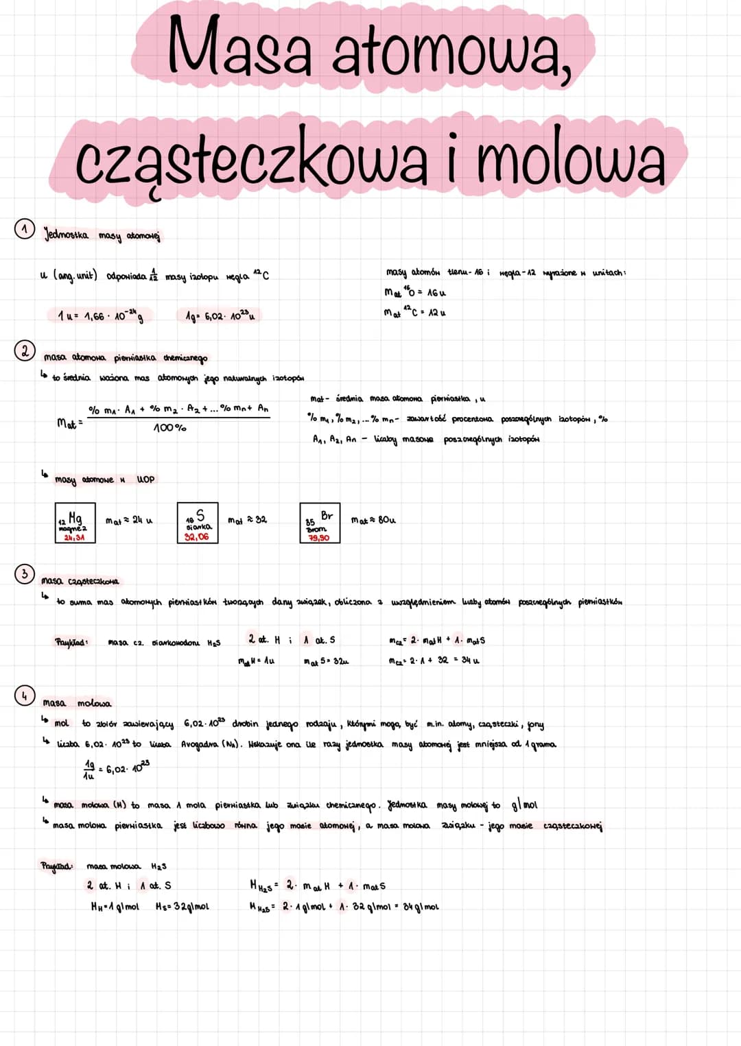 2
3
4
Jednostka masy atomowej
u
(ang. unit) odpowiada masy izotopu Hegla 42 C
1 u = 1,66 10-2 g
1д= 6,02. 1023 и
masa atomowa pierHiastka ch