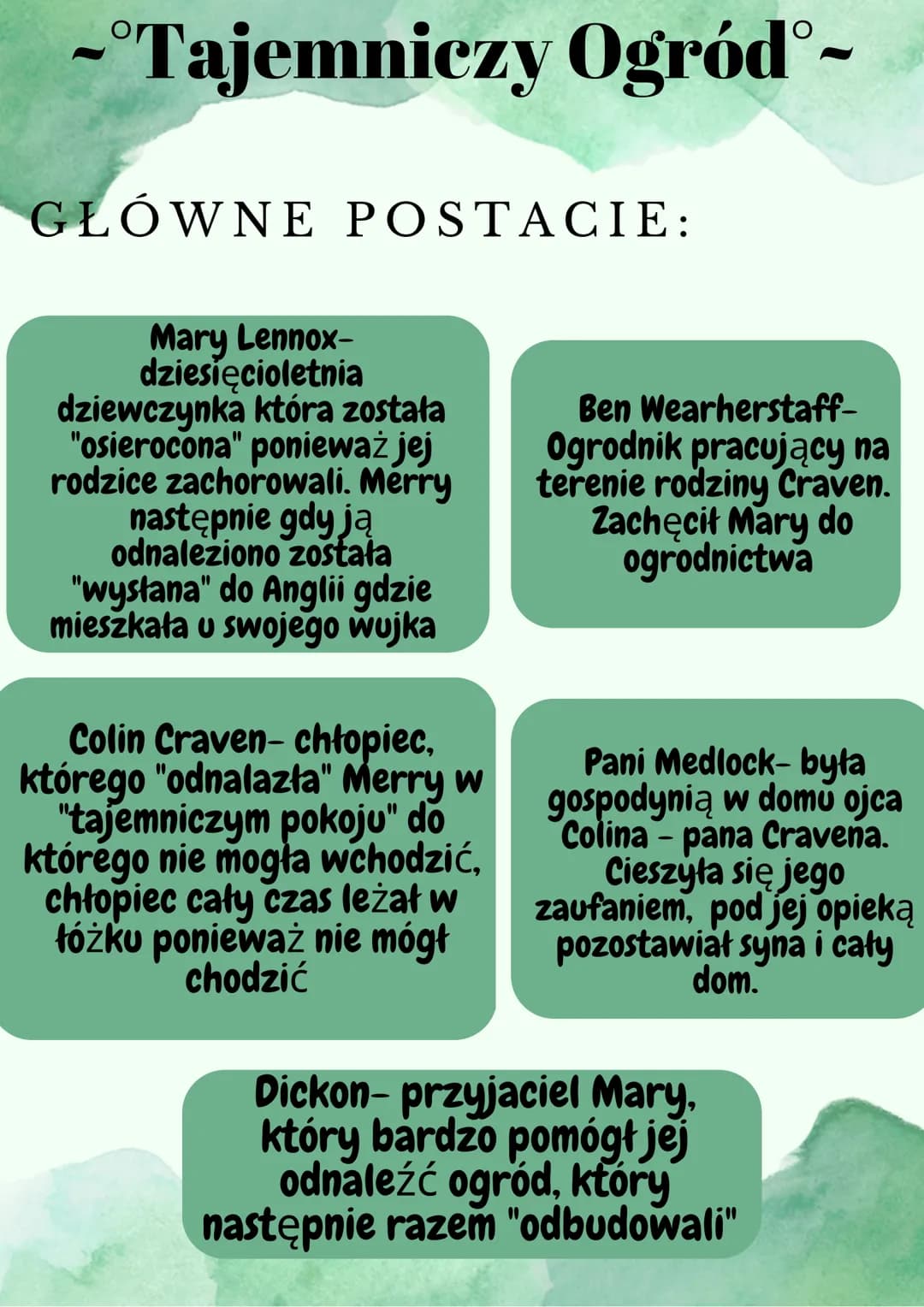 Tajemniczy Ogród -
GŁÓWNE POSTACIE:
Mary Lennox-
dziesięcioletnia
dziewczynka która została
"osierocona" ponieważ jej
rodzice zachorowali. M