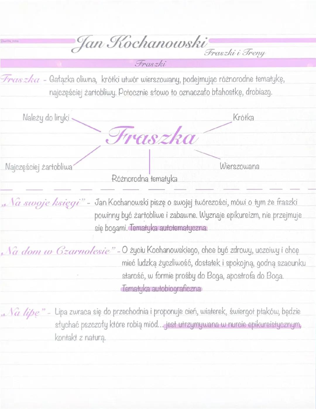 Barros
Jan Kochanowski
Fraszki
Fraszki i Treny
Fraszka - Gałązka oliwna, krótki utwór wierszowany, podejmując różnorodne tematykę,
najczęści