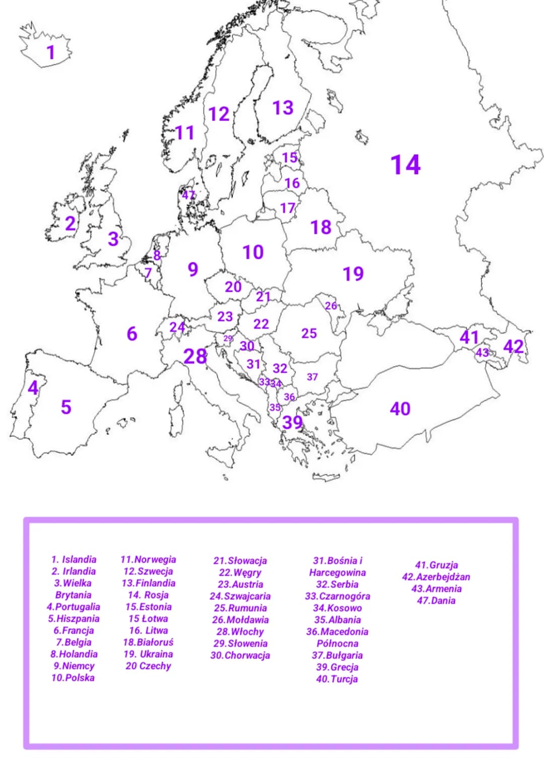 1
5
1. Islandia
2. Irlandia
3. Wielka
Brytania
4.Portugalia
5.Hiszpania
6.Francja
7.Belgia
8.Holandia
9.Niemcy
10.Polska
6
11
11.Norwegia
12