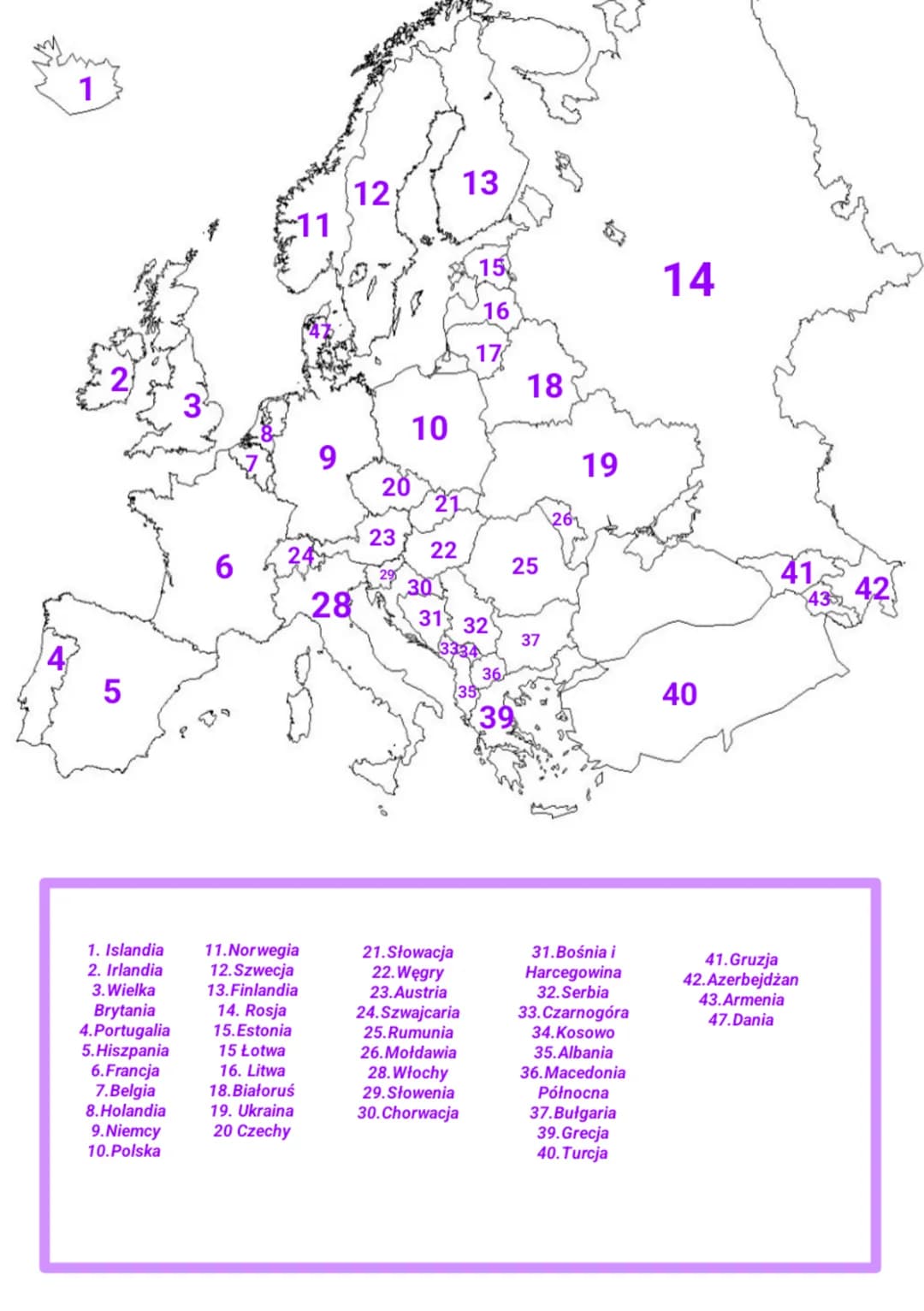 1
5
1. Islandia
2. Irlandia
3. Wielka
Brytania
4.Portugalia
5.Hiszpania
6.Francja
7.Belgia
8.Holandia
9.Niemcy
10.Polska
6
11
11.Norwegia
12