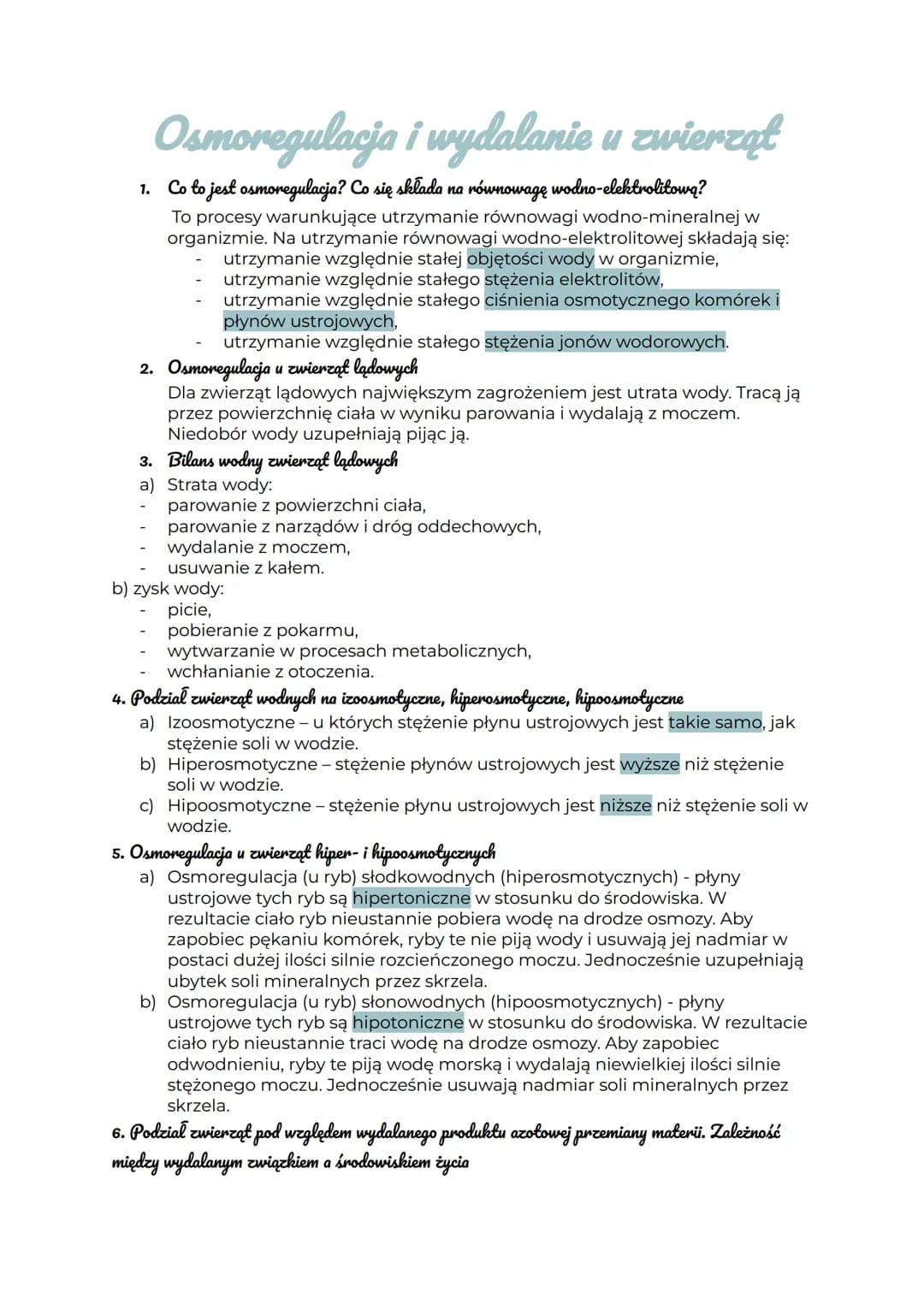 Osmoregulacja i wydalanie u zwierzął
1. Co to jest osmoregulacja? Co się składa na równowagę wodno-elektrolitową?
To procesy warunkujące utr