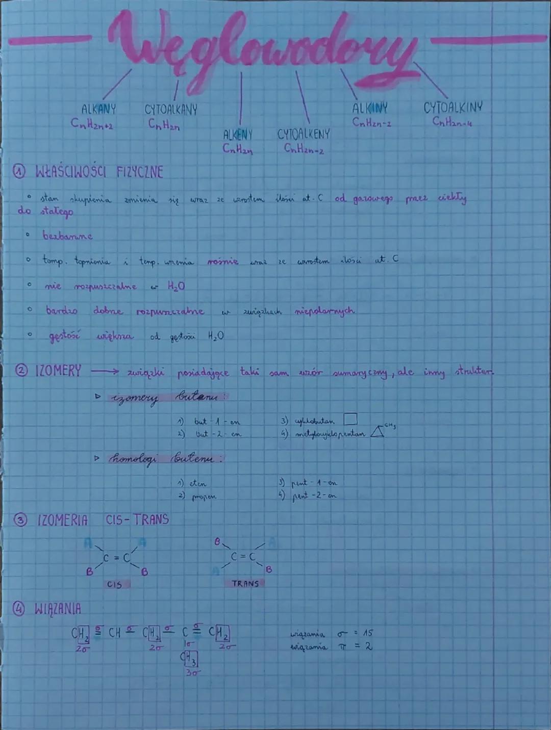 Węglowodory
ALKANY CYTOALKANY
CnH2n+2
ChHan
WŁAŚCIWOŚCI FIZYCZNE
• stan skupienia zmienia
wraz
ALKINY
CnHen-2
CYTOALKINY
ChHanau
СпНам
ALKEN