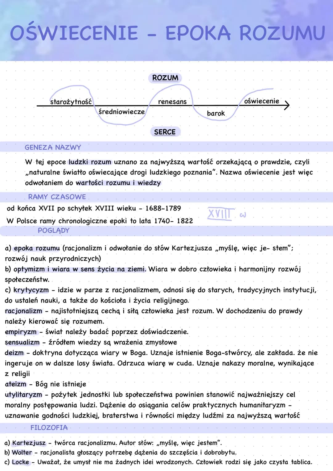 OŚWIECENIE - EPOKA ROZUMU
starożytność
średniowiecze
ROZUM
renesans
SERCE
barok
oświecenie
GENEZA NAZWY
W tej epoce ludzki rozum uznano za n