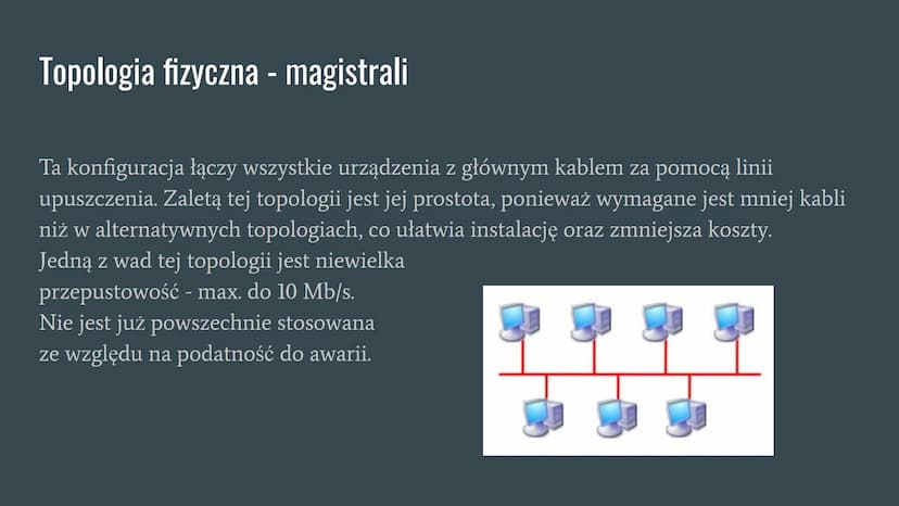 Topologia sieci komputerowej Co to jest topologia sieci komputerowej?
Topologia sieci jest schematycznym opisem układu fizycznych i logiczny