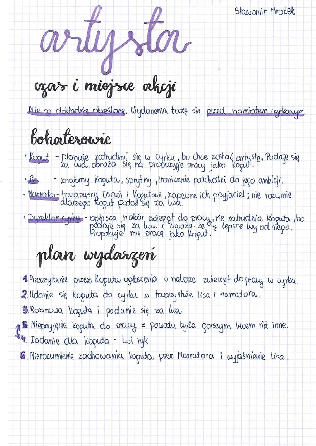 artysta
czas i miejsce akcji
Nie so dokładnie określone. Wydarzenia toczą się pized namiotem cyrkowym.
Sławomir Mrozek
bohaterowie
• Koout -