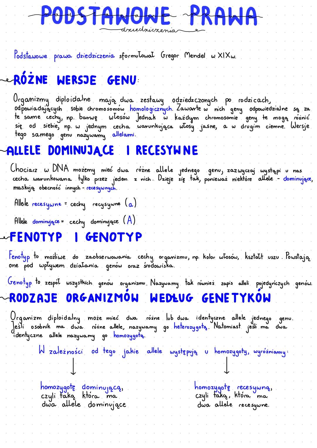 PODSTAWOWE PRAWA
dziedziczenia
Podstawowe
RÓŻNE WERSJE GENU
Organizmy diploidalne mają dwa zestawy odziedzczonych po rodzicach,
odpowiadając
