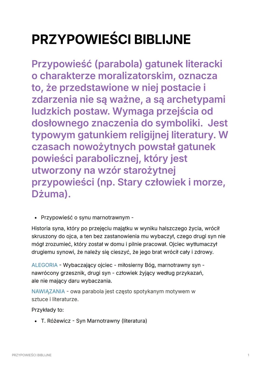 # PRZYPOWIEŚCI BIBLIJNE

Przypowieść (parabola) gatunek literacki
o charakterze moralizatorskim, oznacza
to, że przedstawione w niej postaci