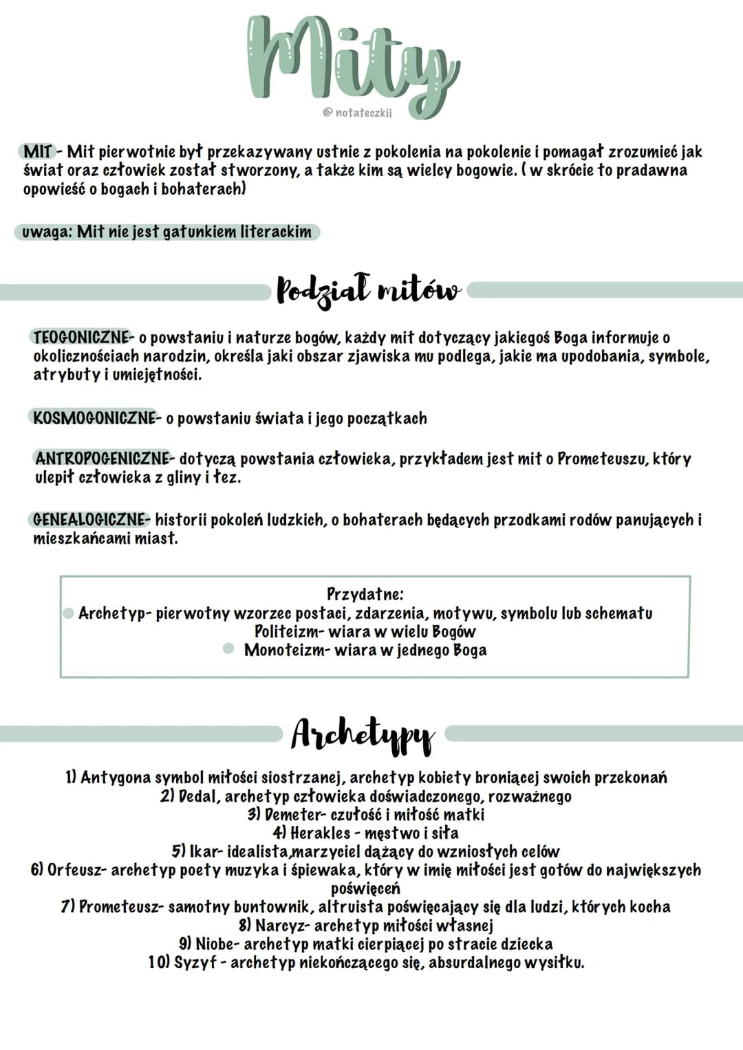 Mity
@notateczkii
MIT - Mit pierwotnie był przekazywany ustnie z pokolenia na pokolenie i pomagał zrozumieć jak
świat oraz człowiek został s
