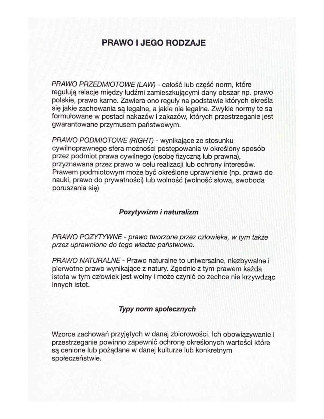 PRAWO I JEGO RODZAJE
PRAWO PRZEDMIOTOWE (LAW) - całość lub część norm, które
regulują relacje między ludźmi zamieszkującymi dany obszar np. 