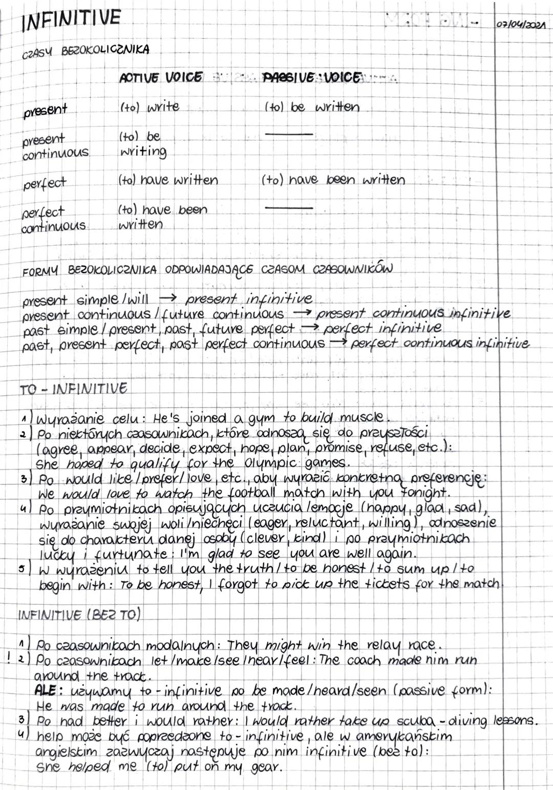 INFINITIVE
CZASY BEZOKOLICZNIKA
present
present
continuous
perfect
ACTIVE VOICE
(to) write
(to) be
writing
(to) have written
(to) have been
