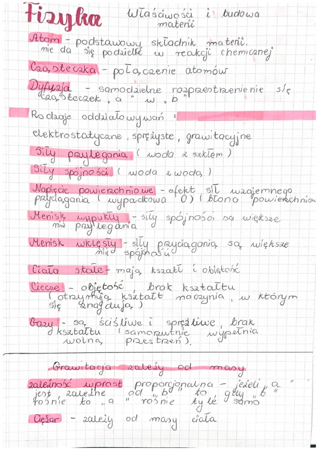 i budowa
Fizyka
Właściwości
materii
Atom - podstawowy składnik mateni.
nie da się podzielle
Caaste caka - połączenie atomów
Dyfuzja
samodzie