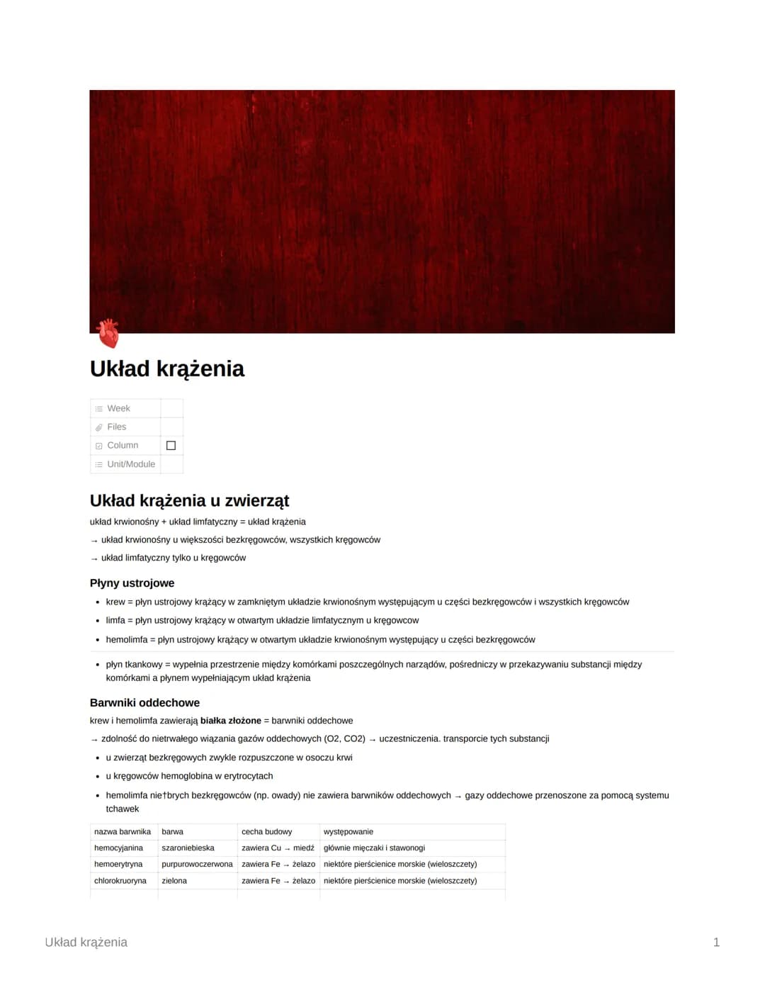 Układ krążenia
Week
✔ Files
Column
Unit/Module
Układ krążenia u zwierząt
układ krwionośny + układ limfatyczny układ krążenia
→ układ krwiono