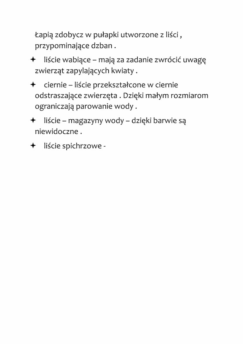 LIŚĆ - WYTWÓRNIA POKARMU
Funkcje:
+ wytwarzanie związków organicznych w procesie
fotosyntezy
wymiana gazowa tlenu i CO2
+ transpiracja, czyl