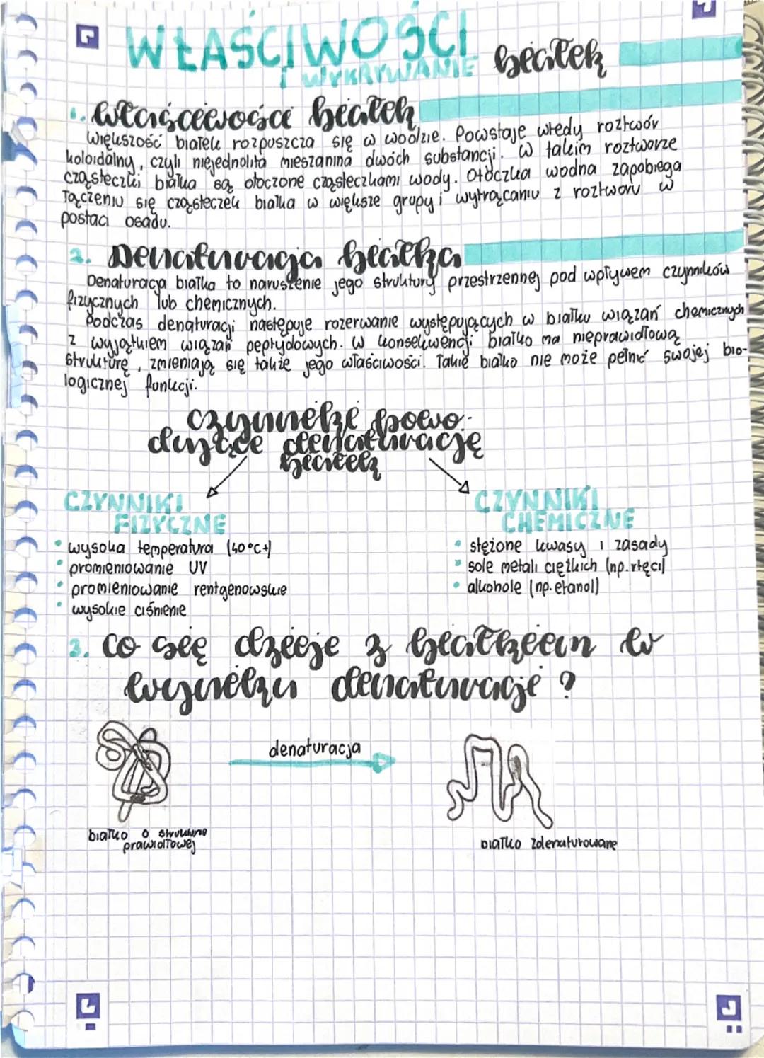 --- OCR Start ---
WEASCIWOSCI bealek
właściwośce beatch
Większość białek rozpuszcza się w woolzie. Powstaje wtedy roztwór
koloidalny, czyli 