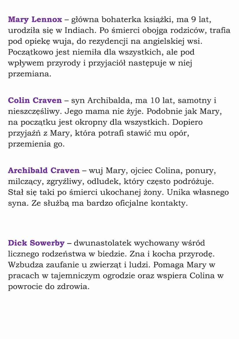 „Tajemniczy ogród"
opracowanie
Tytuł: „Tajemniczy ogród"
Autor: Frances Hodgson Burnett
Czas akcji: koniec wieku XIX. Akcja rozgrywa się w
c