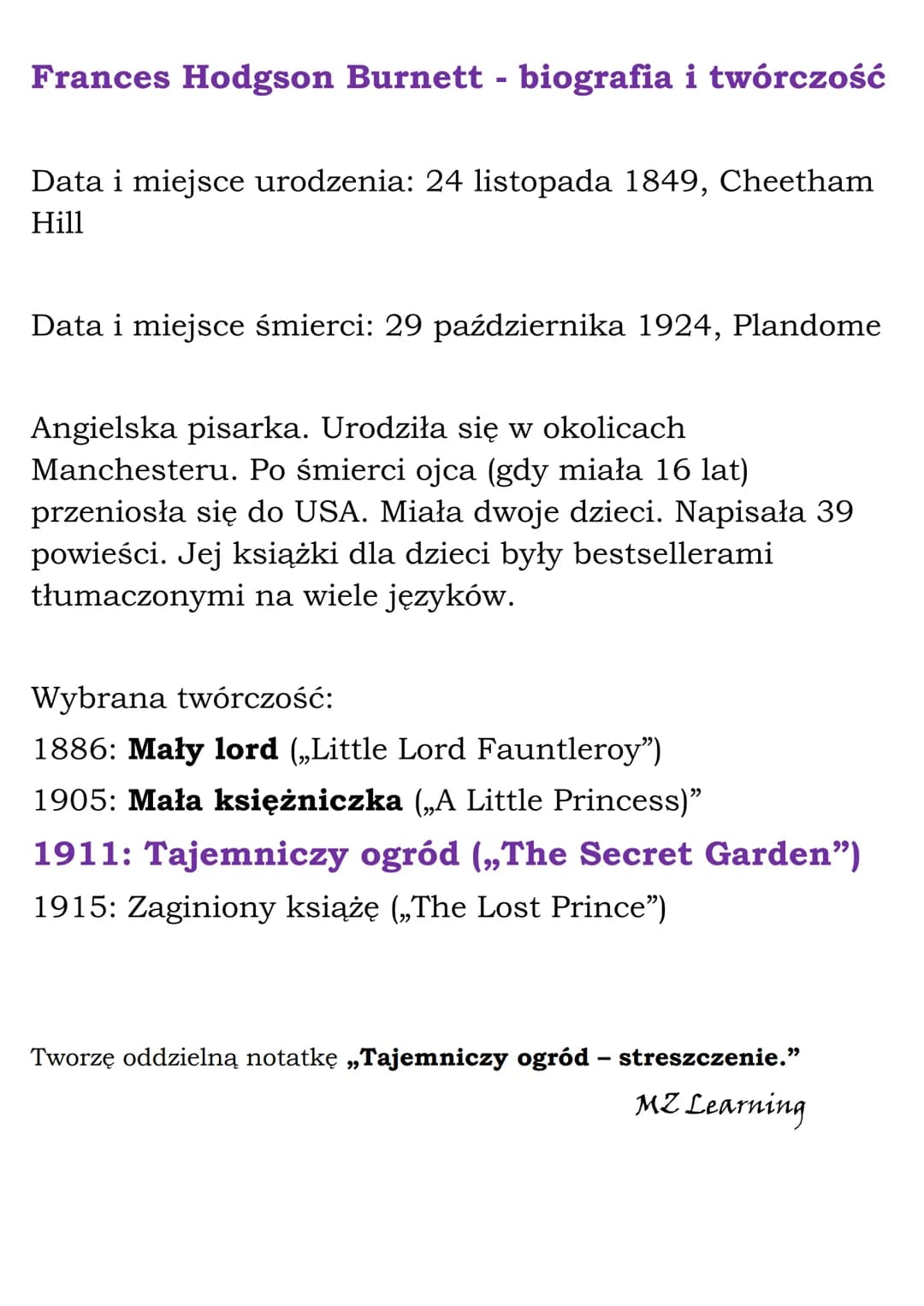 „Tajemniczy ogród"
opracowanie
Tytuł: „Tajemniczy ogród"
Autor: Frances Hodgson Burnett
Czas akcji: koniec wieku XIX. Akcja rozgrywa się w
c