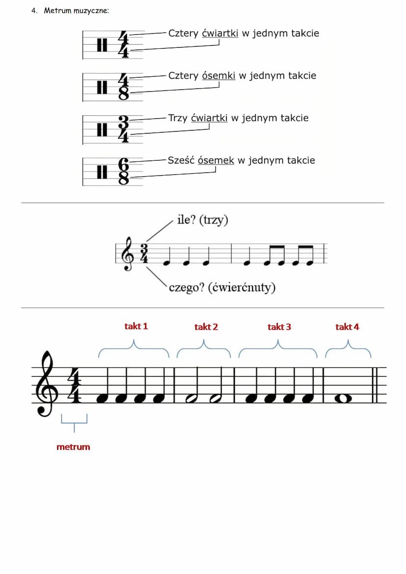 Muzyka
1. Gama - jest to 8 dźwięków kolejno po sobie następujących, przy czym 8 jest powtórzeniem 1.
●
●
●
●
cała nuta
półnuta
C1 leży na pi