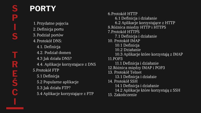 PORTY
Aleksandra Charchut S
P
I
S
TRESC-
0-1
PORTY
1. Przydatne pojęcia
2. Definicja portu
3. Podział portów
4. Protokół DNS:
4.1. Definicja