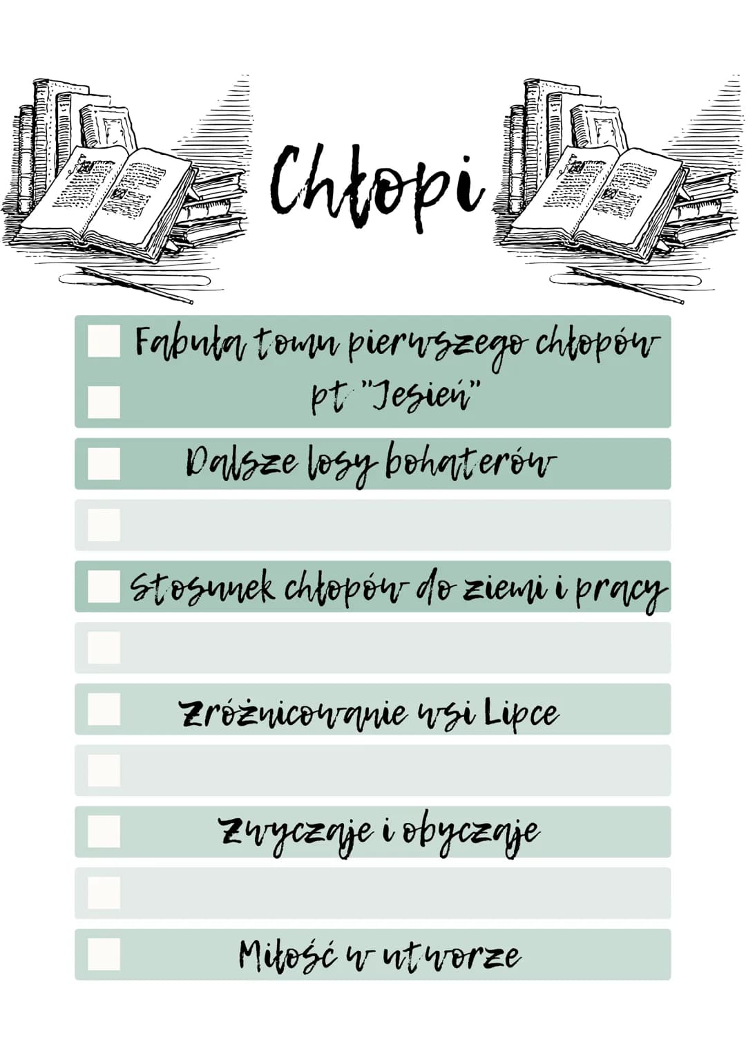 Chłopi
Fabuła town pierwszego chłopów
pt "Jesień"
Dalsze losy bohaterów
Stosunek chłopów do ziemi i pracy
zróżnicowanie wsi Lipce
zwyczaje i