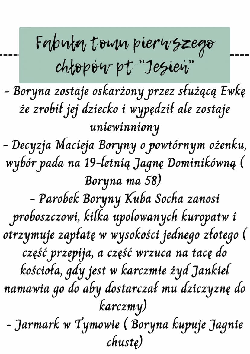 Chłopi
Fabuła town pierwszego chłopów
pt "Jesień"
Dalsze losy bohaterów
Stosunek chłopów do ziemi i pracy
zróżnicowanie wsi Lipce
zwyczaje i