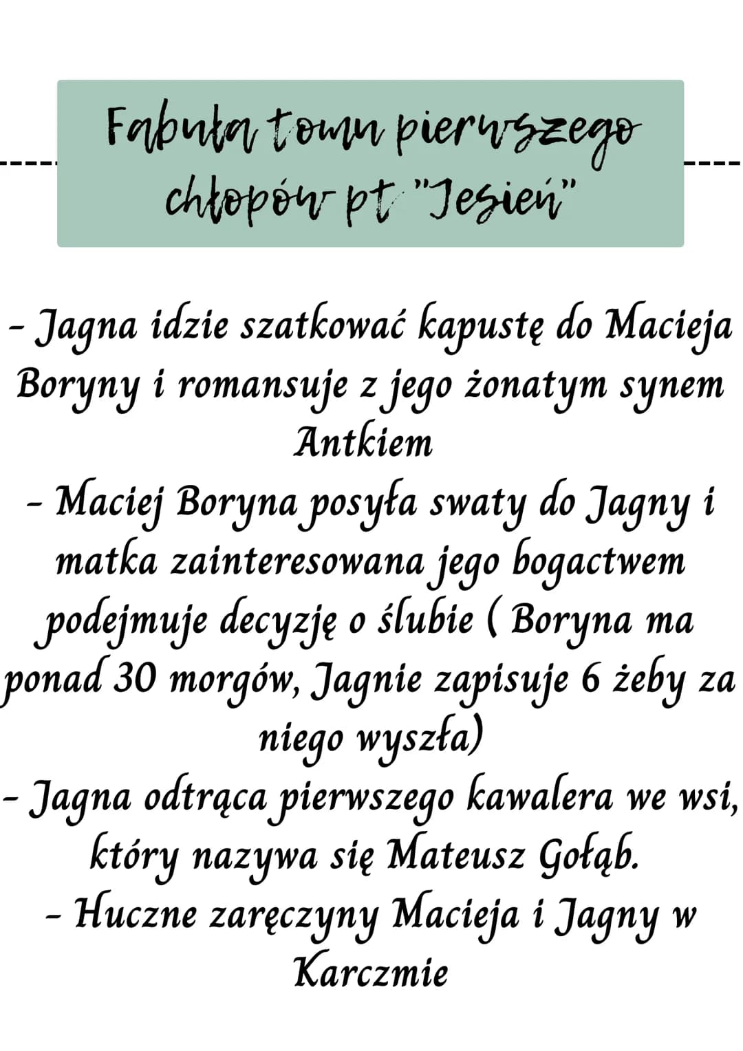Chłopi
Fabuła town pierwszego chłopów
pt "Jesień"
Dalsze losy bohaterów
Stosunek chłopów do ziemi i pracy
zróżnicowanie wsi Lipce
zwyczaje i