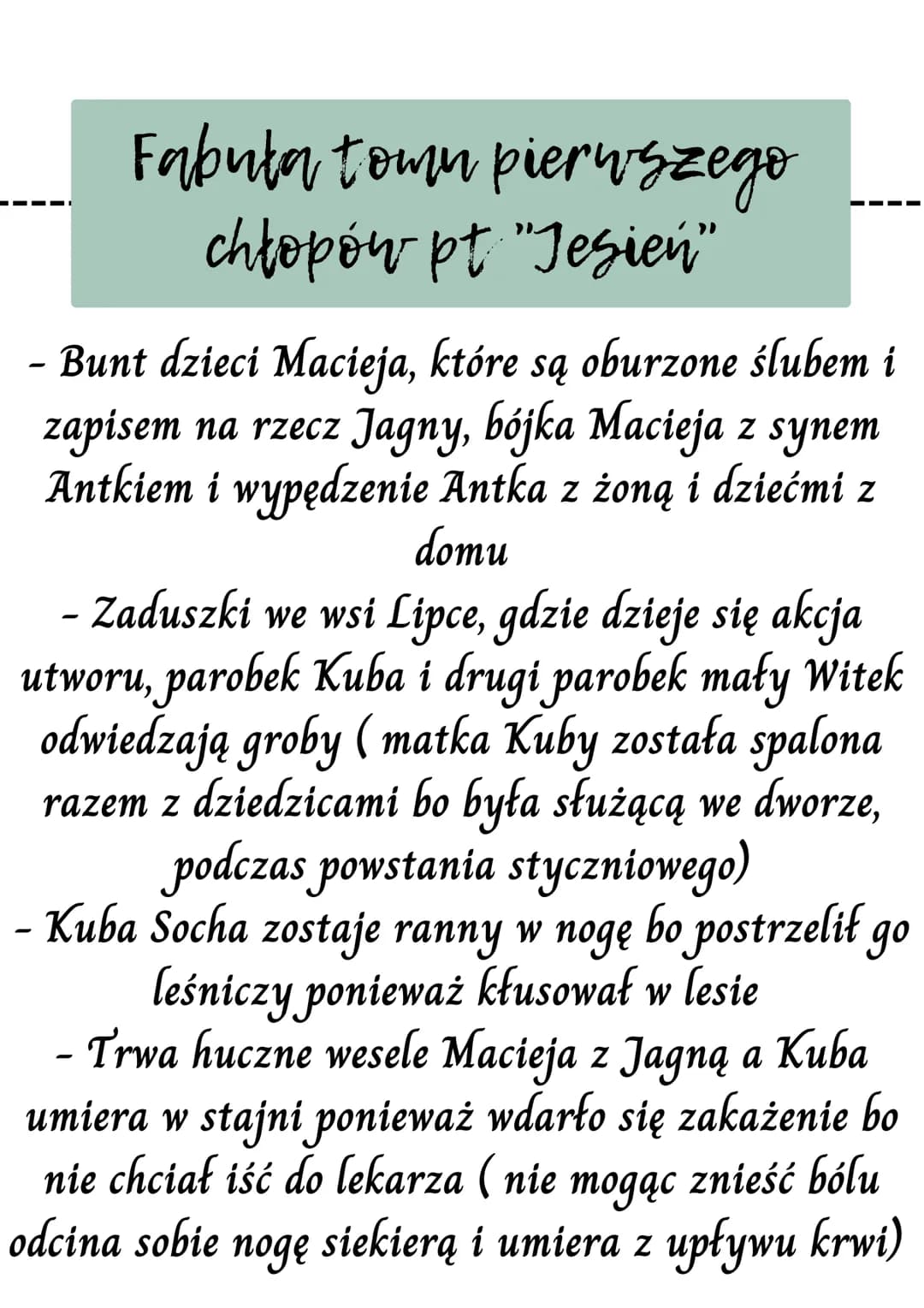Chłopi
Fabuła town pierwszego chłopów
pt "Jesień"
Dalsze losy bohaterów
Stosunek chłopów do ziemi i pracy
zróżnicowanie wsi Lipce
zwyczaje i