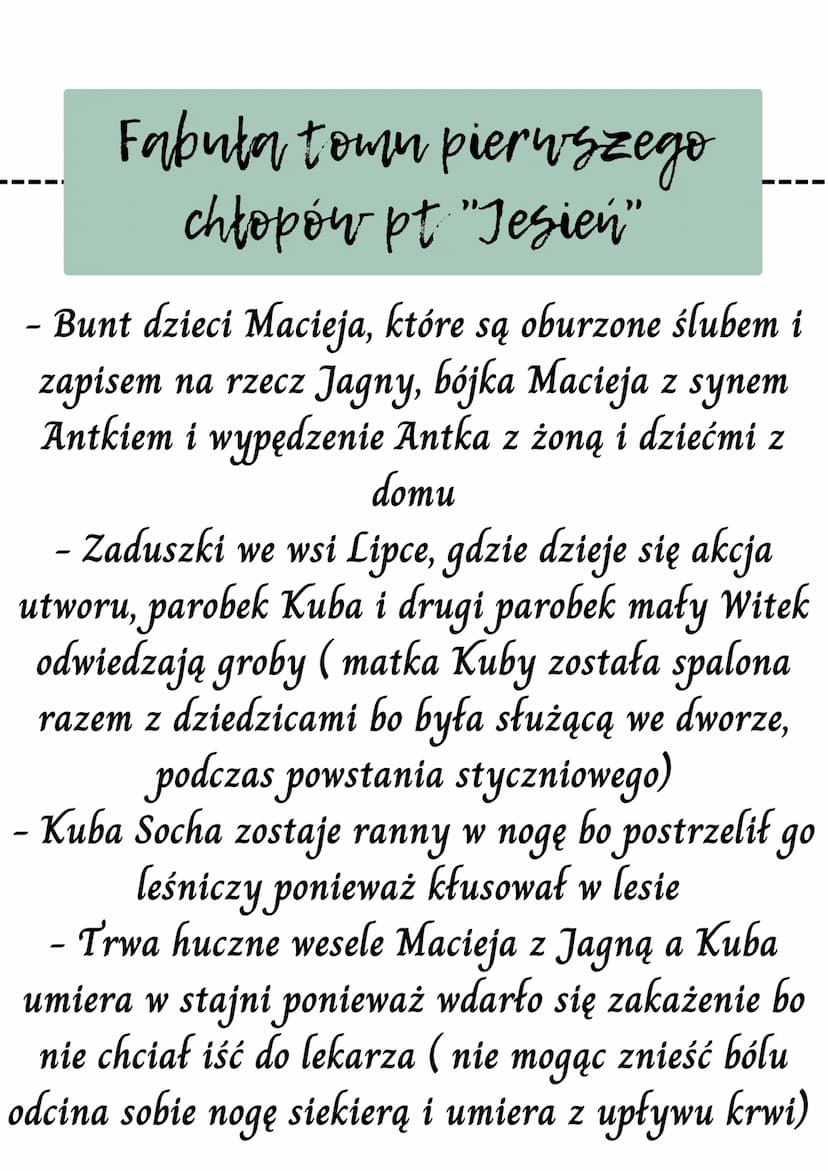 Chłopi
Fabuła town pierwszego chłopów
pt "Jesień"
Dalsze losy bohaterów
Stosunek chłopów do ziemi i pracy
zróżnicowanie wsi Lipce
zwyczaje i