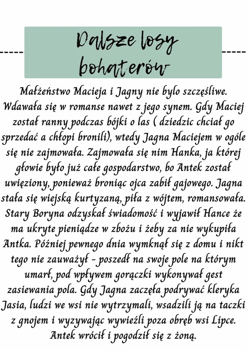 Chłopi
Fabuła town pierwszego chłopów
pt "Jesień"
Dalsze losy bohaterów
Stosunek chłopów do ziemi i pracy
zróżnicowanie wsi Lipce
zwyczaje i