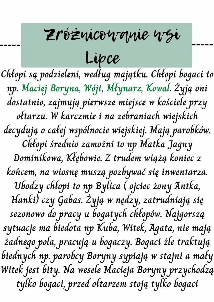 Chłopi
Fabuła town pierwszego chłopów
pt "Jesień"
Dalsze losy bohaterów
Stosunek chłopów do ziemi i pracy
zróżnicowanie wsi Lipce
zwyczaje i