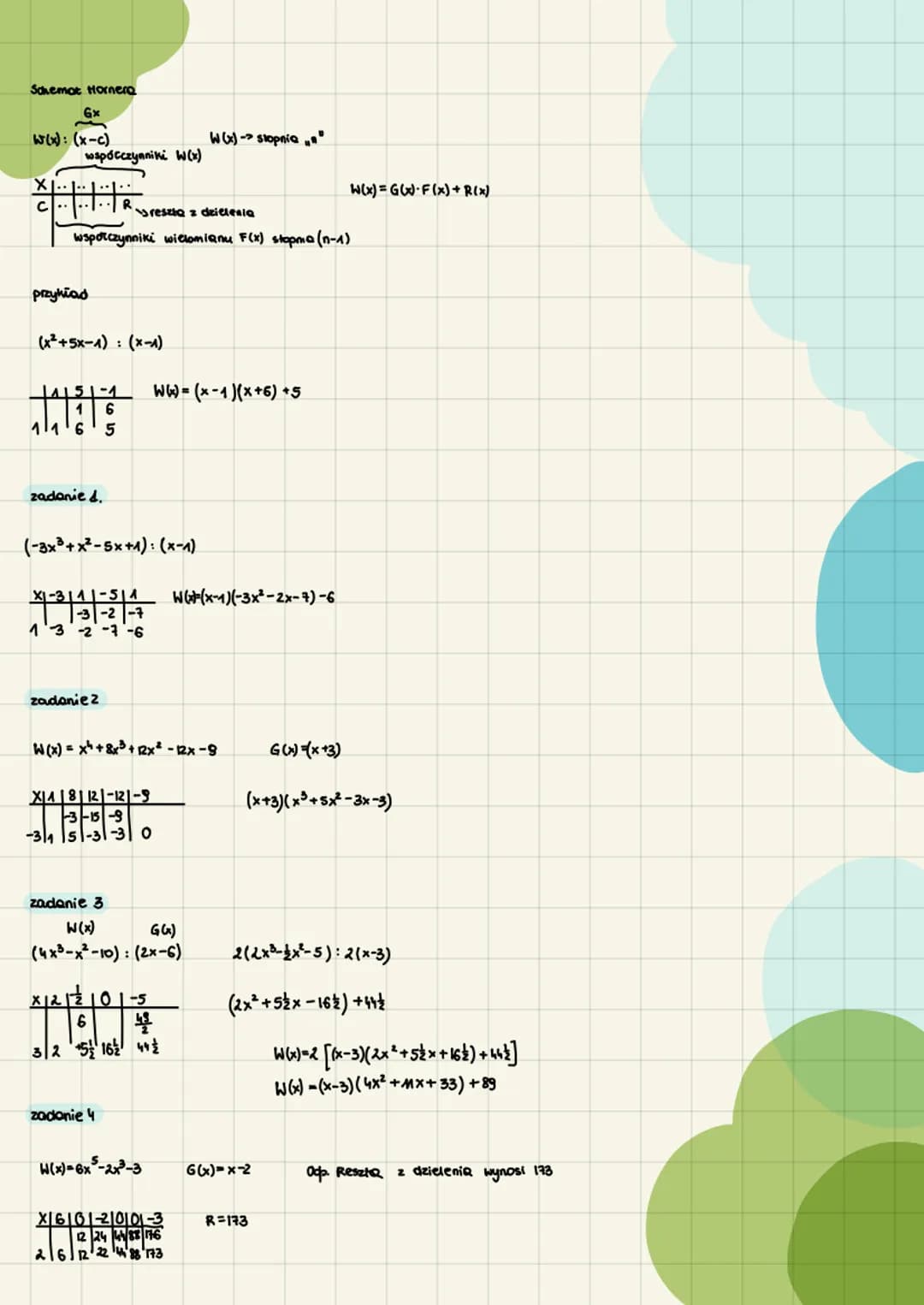 Schemat Hornera
Gx
W(x): (x-c)
współczynniki W(x)
przykład
reszta z dzielenia
współczynniki wielomianu F(x) stopna (n-1)
zadanie 4.
R
(x*+5x