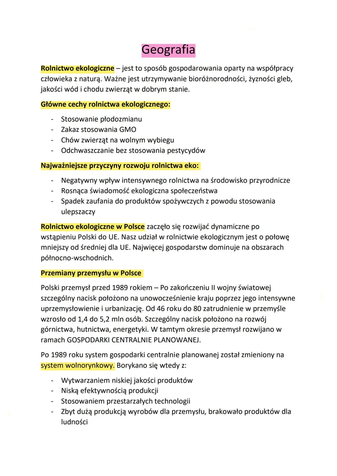 Geografia
Rolnictwo ekologiczne - jest to sposób gospodarowania oparty na współpracy
człowieka z naturą. Ważne jest utrzymywanie bioróżnorod