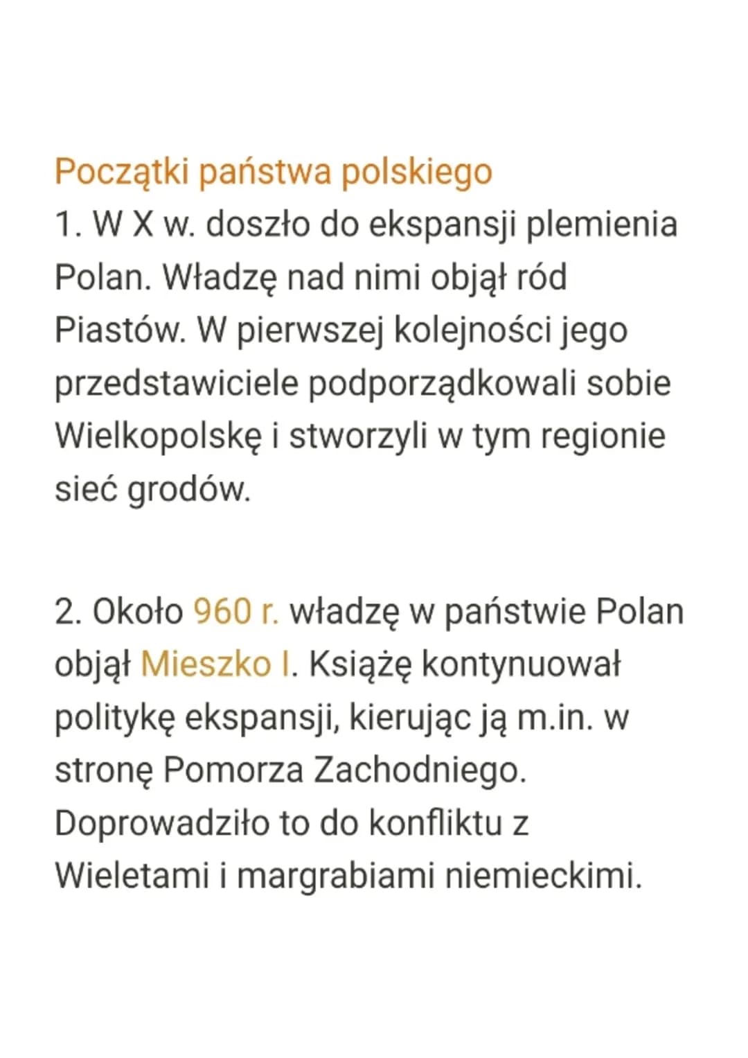 Początki państwa polskiego
1. W X w. doszło do ekspansji plemienia
Polan. Władzę nad nimi objął ród
Piastów. W pierwszej kolejności jego
prz