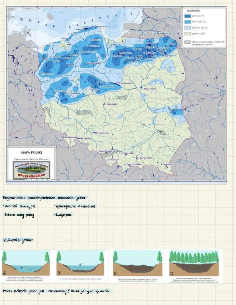 Temat: Jeziora w Polsce
ok. 1% powieszchni w Polsce zajmują, jeziora
Warunki powstania jeziora:
2agłębienie
staty doptyw wody
warstwa nieprz