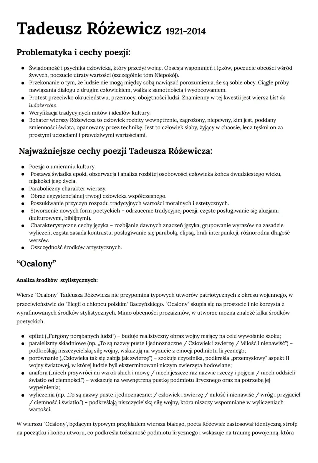 Analiza poezji Tadeusza Różewicza: Ocalony i motywy wojenne