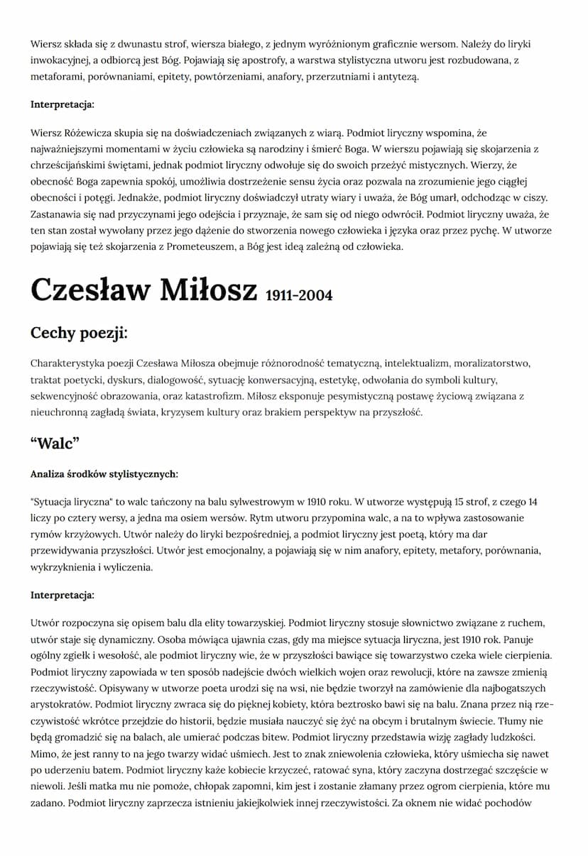 Tadeusz Różewicz 1921-2014
Problematyka i cechy poezji:
• Świadomość i psychika człowieka, który przeżył wojnę. Obsesja wspomnień i lęków, p
