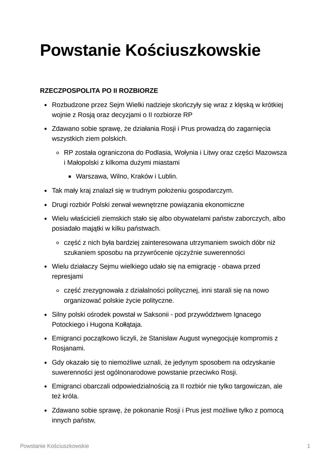 Powstanie Kościuszkowskie
RZECZPOSPOLITA PO II ROZBIORZE
• Rozbudzone przez Sejm Wielki nadzieje skończyły się wraz z klęską w krótkiej
wojn