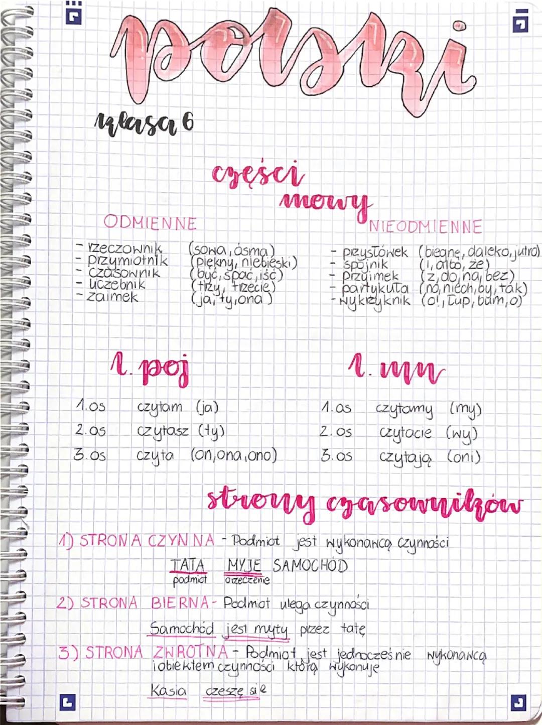 G
polski
ulasa 6
ODMIENNE
zeczownik
przymiotnik
Czasownik
Liczebnik
zaimek
г.рој
części
mowy
(Sona, osma)
(piękny, niebieski)
(być, spac, iś