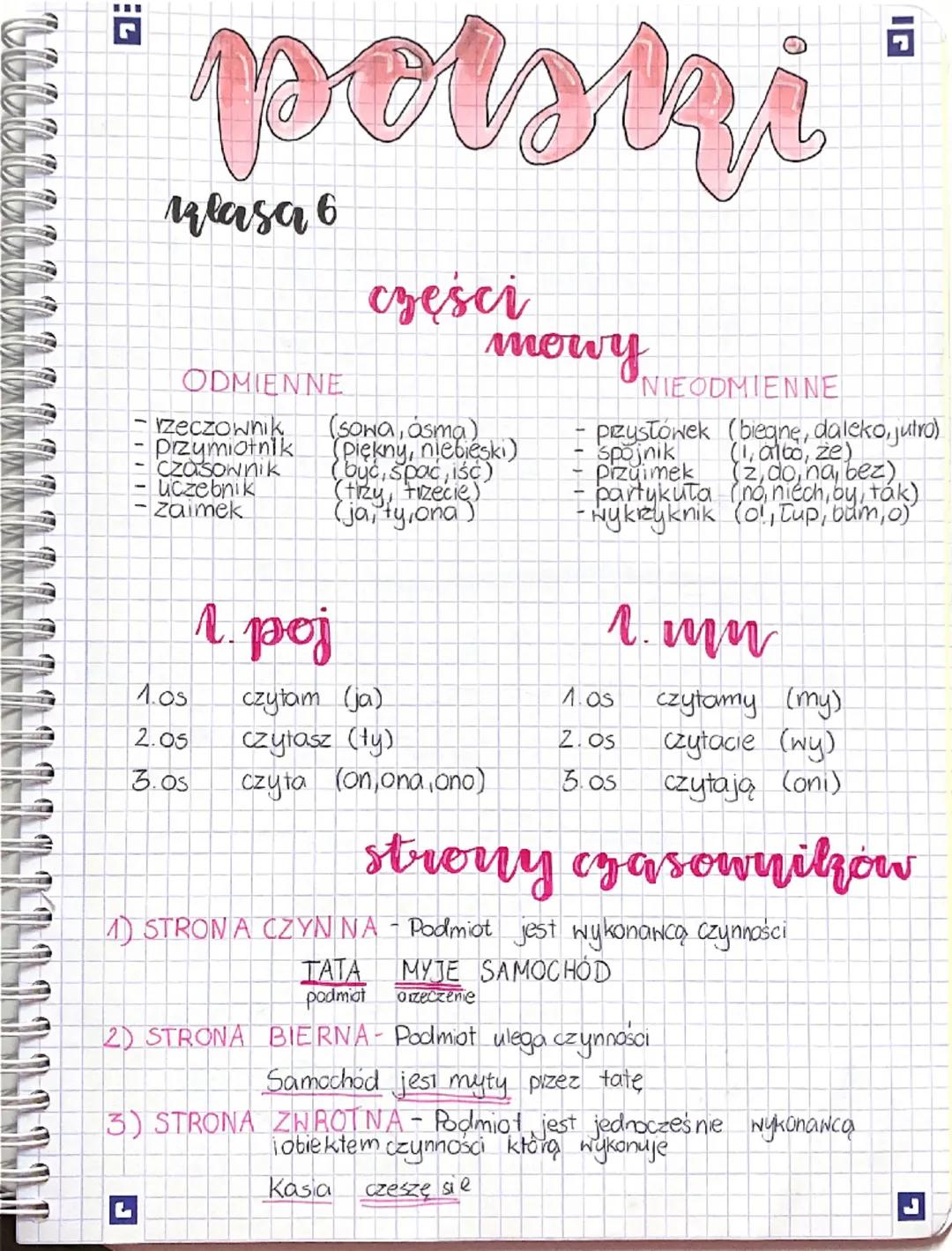 G
polski
ulasa 6
ODMIENNE
zeczownik
przymiotnik
Czasownik
Liczebnik
zaimek
г.рој
części
mowy
(Sona, osma)
(piękny, niebieski)
(być, spac, iś