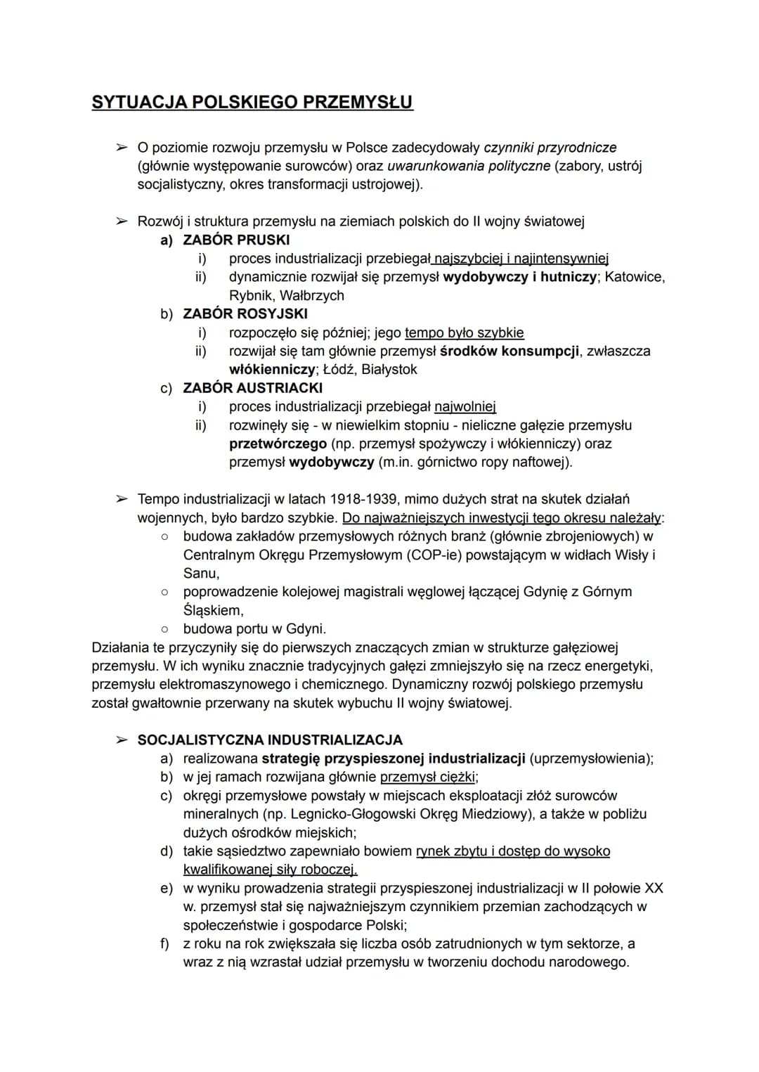 SYTUACJA POLSKIEGO PRZEMYSŁU
➤ O poziomie rozwoju przemysłu w Polsce zadecydowały czynniki przyrodnicze
(głównie występowanie surowców) oraz
