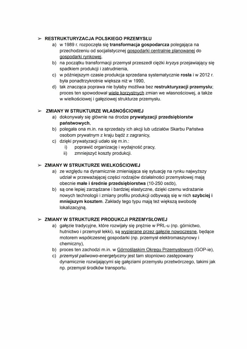 SYTUACJA POLSKIEGO PRZEMYSŁU
➤ O poziomie rozwoju przemysłu w Polsce zadecydowały czynniki przyrodnicze
(głównie występowanie surowców) oraz