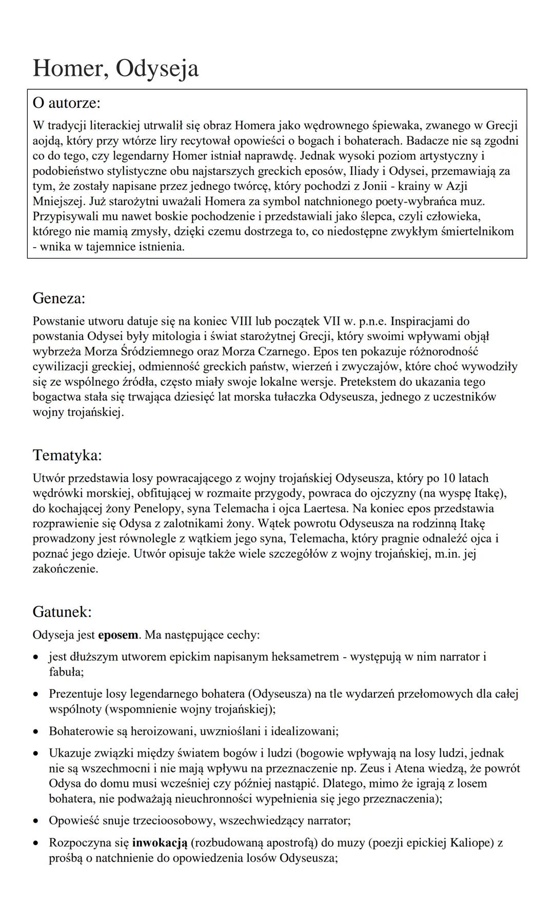 # Homer, Odyseja

O autorze:
W tradycji literackiej utrwalił się obraz Homera jako wędrownego śpiewaka, zwanego w Grecji
aoidą, który przy w