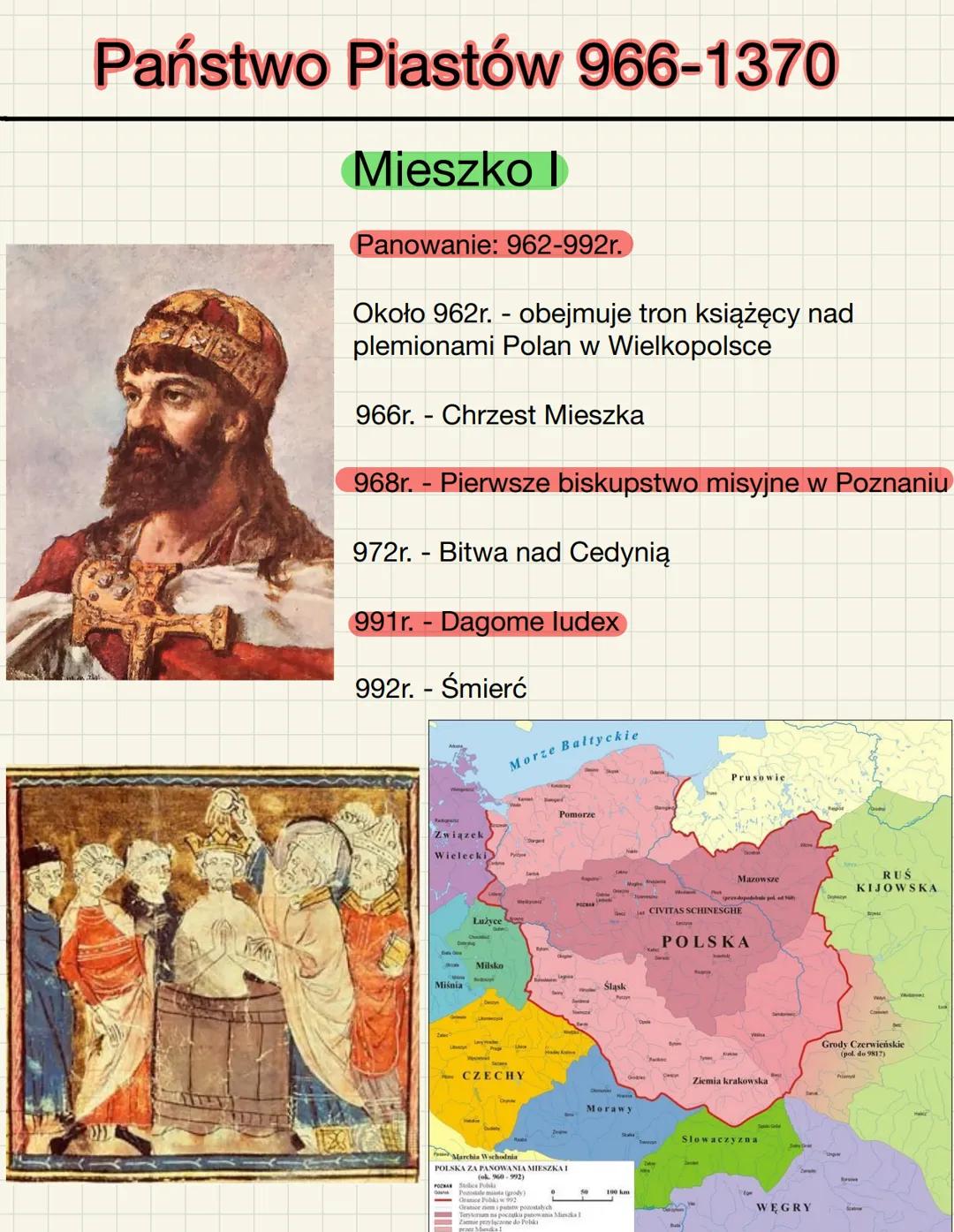Państwo Piastów 966-1370
Mieszko I
GRON
Panowanie: 962-992r.
Około 962r. - obejmuje tron książęcy nad
plemionami Polan w Wielkopolsce
966r. 