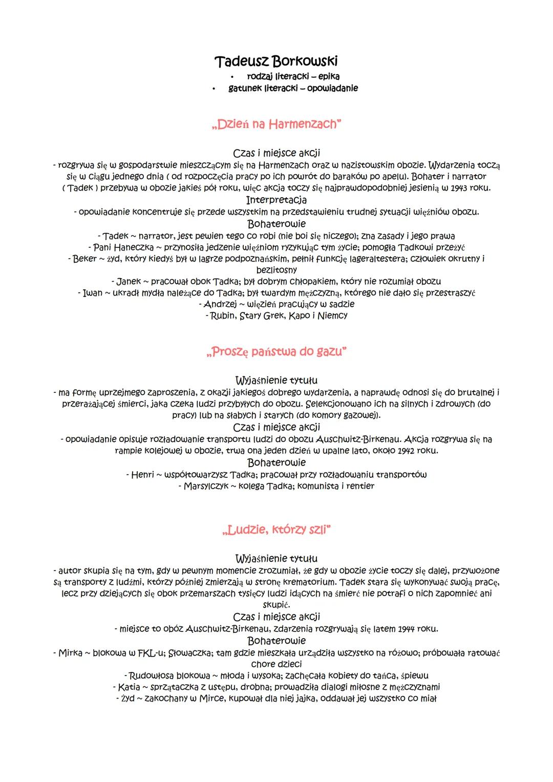 Tadeusz Borkowski
rodzaj literacki - epika
gatunek literacki - opowiadanie
„Dzień na Harmenzach"
Czas i miejsce akcji
- rozgrywa się w gospo
